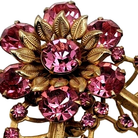 Retro Abstract Leaf Brooch Pink Rhinestone Flower Pin Gold Tone MCM Vintage 60s - Picture 2 of 6